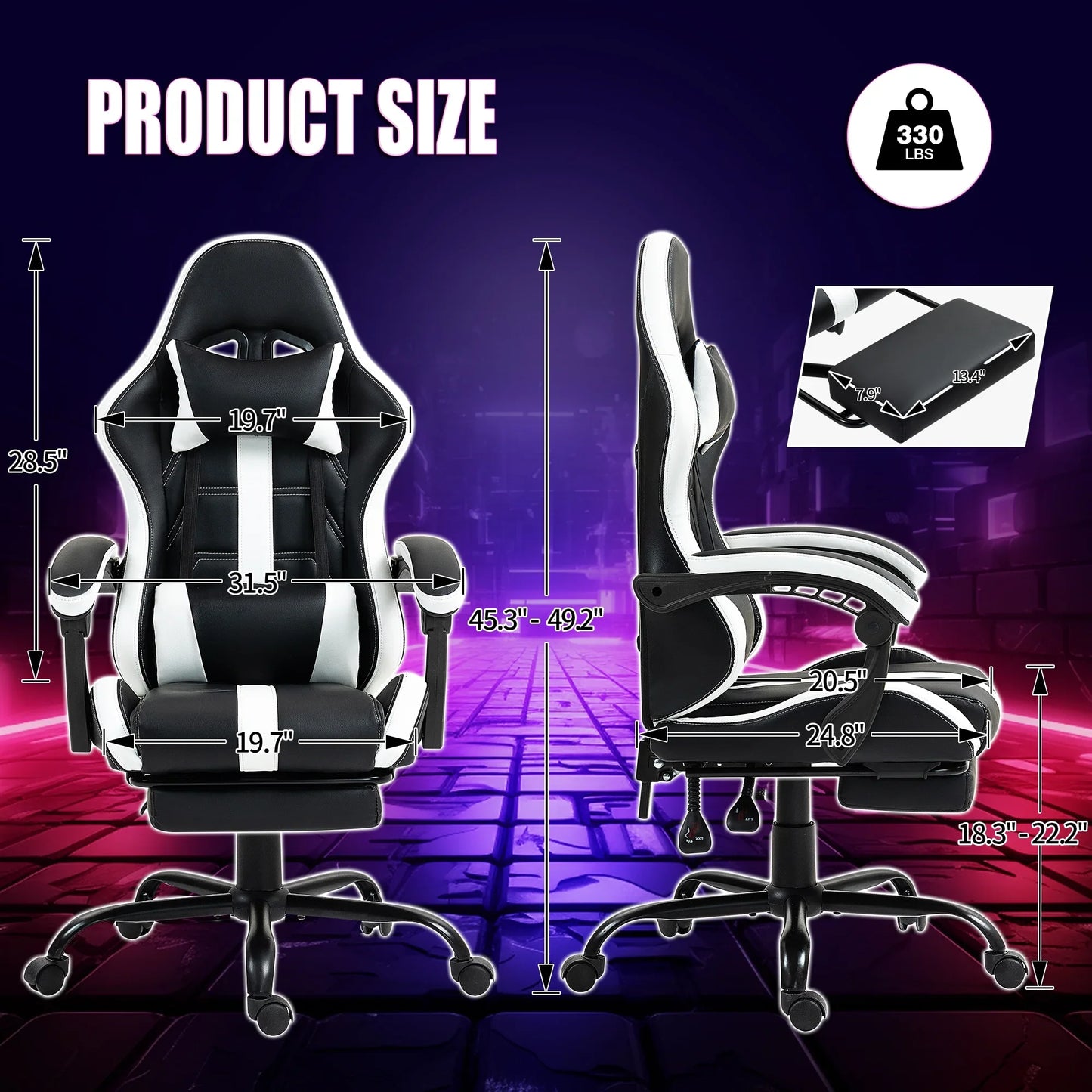 HOMHUM Gaming Chair, PU Leather Office Chair w/ Footrest and Massage Lumbar Support, Ergonomic Computer Chair w/ Headrest, 360° Swivel Desk Chair, White