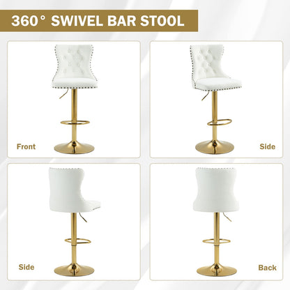 Homhum 360° Swivel Bar Stools Set of 2, Button Tufted Island Stools, Adjustable Seat Height, Beige & Gold