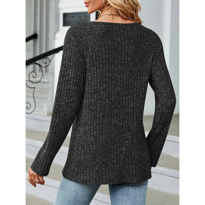 SHIBEVER Tops for Women Casual Long Sleeve Blouses Fall Knit Tunic Tops Round Neck Loose Side Split Sweater with Side Button Size L