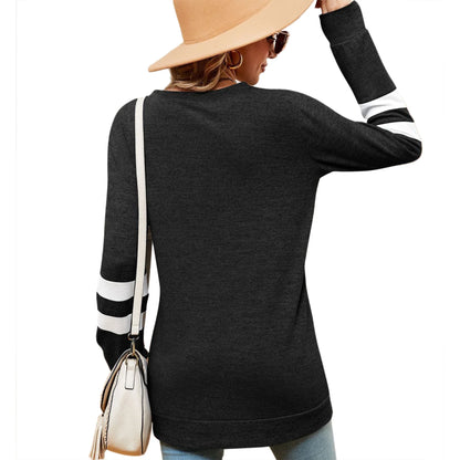 SHIBEVER Fall Fashion V-Neck Stripe Tunics Tops Blouses For Women Workout Long Sleeve Solid T-Shirts Black