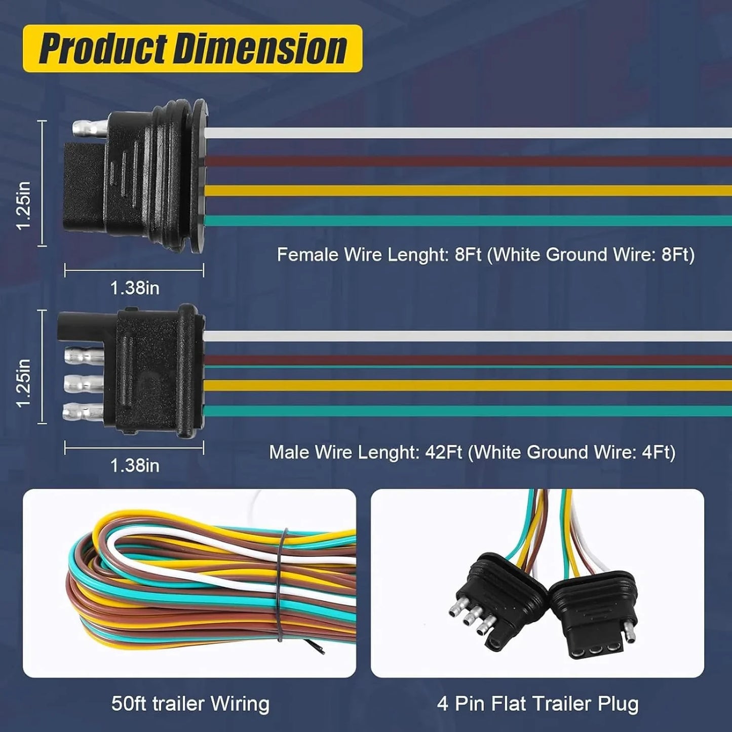 EXERAUO Trailer Wiring Kit, 50ft Wiring Harness with 4 Way Flat, Waterproof 18 Gauge 4 Pin Wiring Kit for Utility Trailer, Marine, Boat