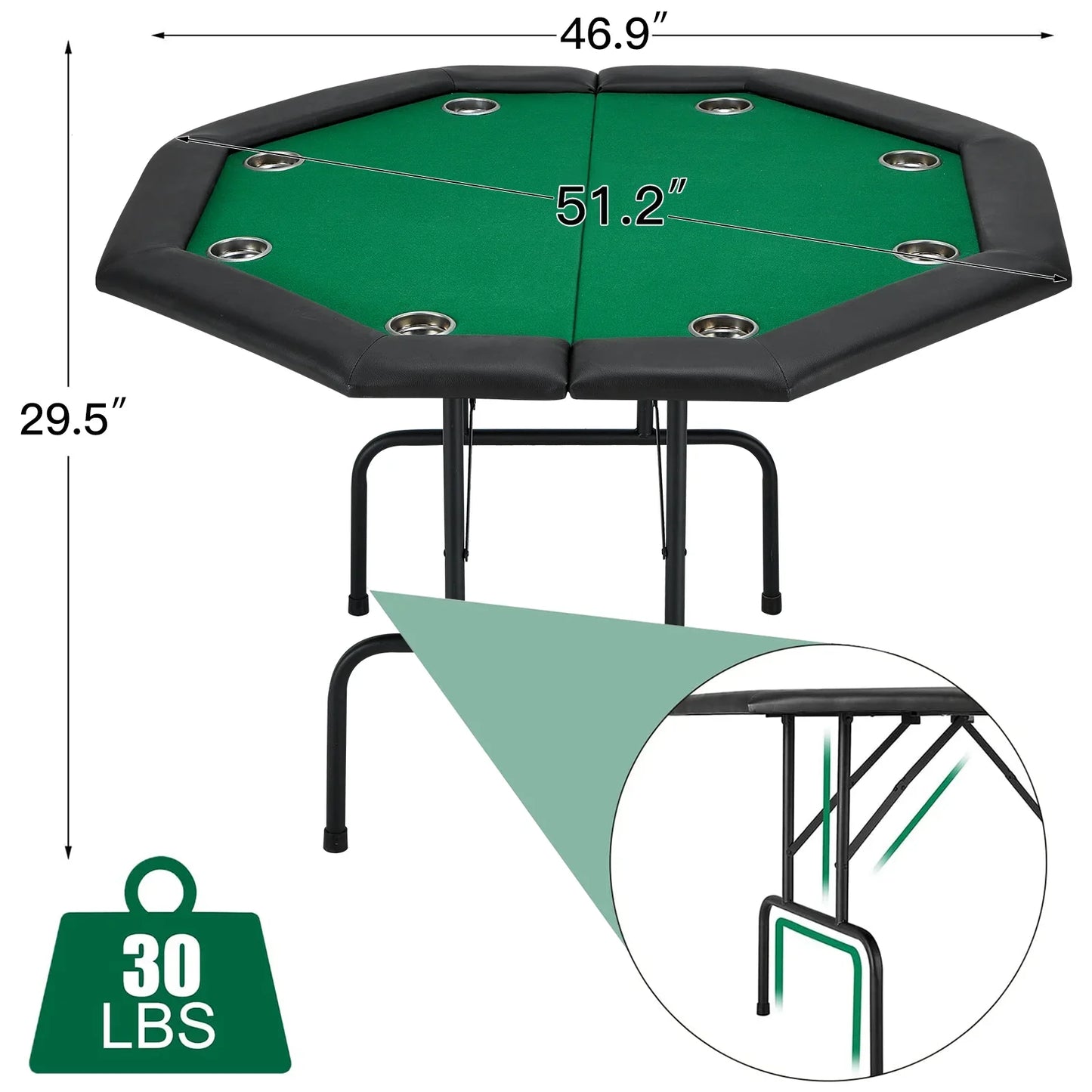 HOMHUM Game Poker Table w/Stainless Steel Cup Holder Casino Leisure Table for 8 Players, Green Felt