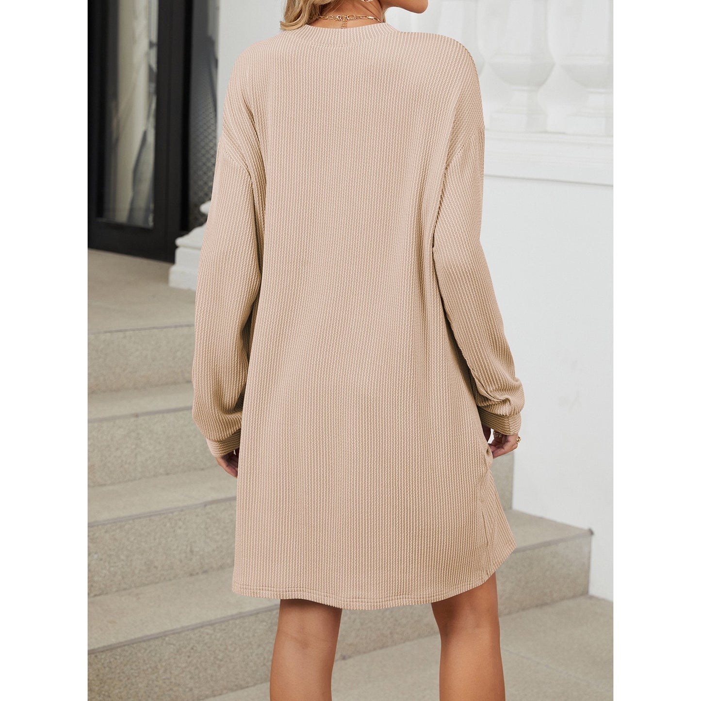 SHIBEVER Women Shift Dress Long Sleeve Crewneck Shirt Dress Dressy Solid Color Elegant Stripe Dresses for Women with Pocket Size L