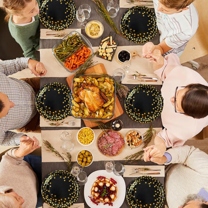 201Pcs Black and Gold Party Supplies, Dots Dinnerware Set for 25 Guests, Paper Plates Napkins Straws Plastic Tablecloth Forks Knives Spoons for Birthday Wedding Christmas Cocktail Party Baby Shower