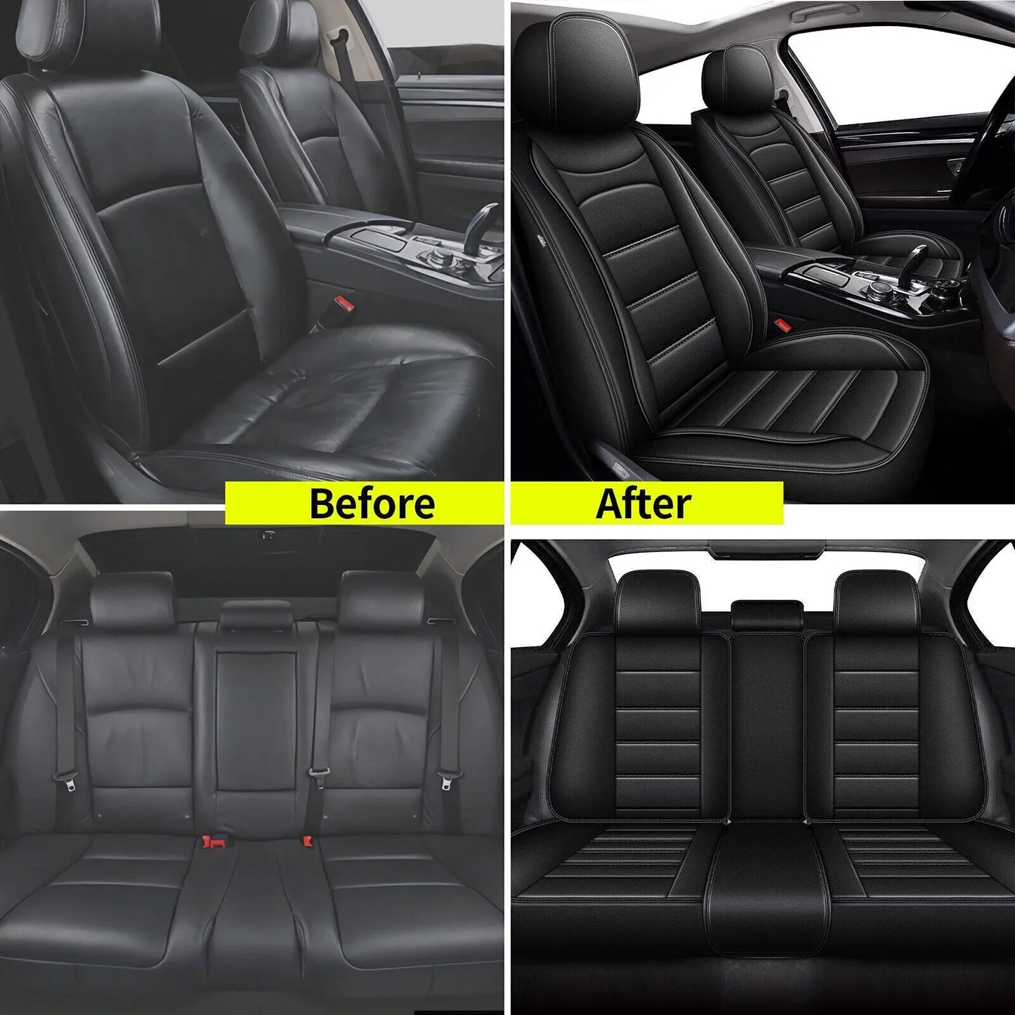 AOMSAZTO Universal 5-Seat Covers Front & Rear Full Set Faux Leather Seat Cushion Protector Waterproof Black