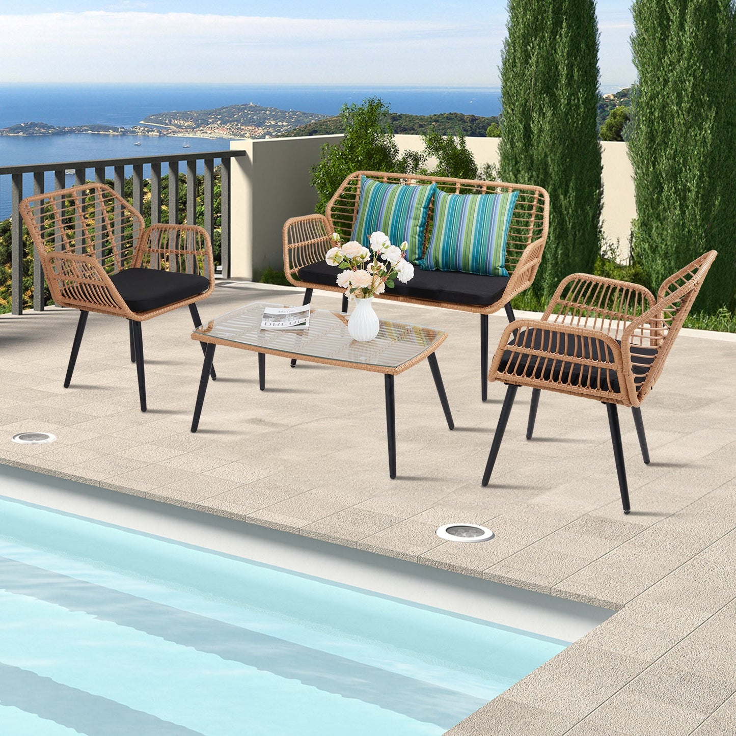 4-Piece Patio Furniture Set, All-Weather Wicker Sectional Sofa,Rattan Furniture Set ,Patio Conversation Set for Deck, Yard, Lawn