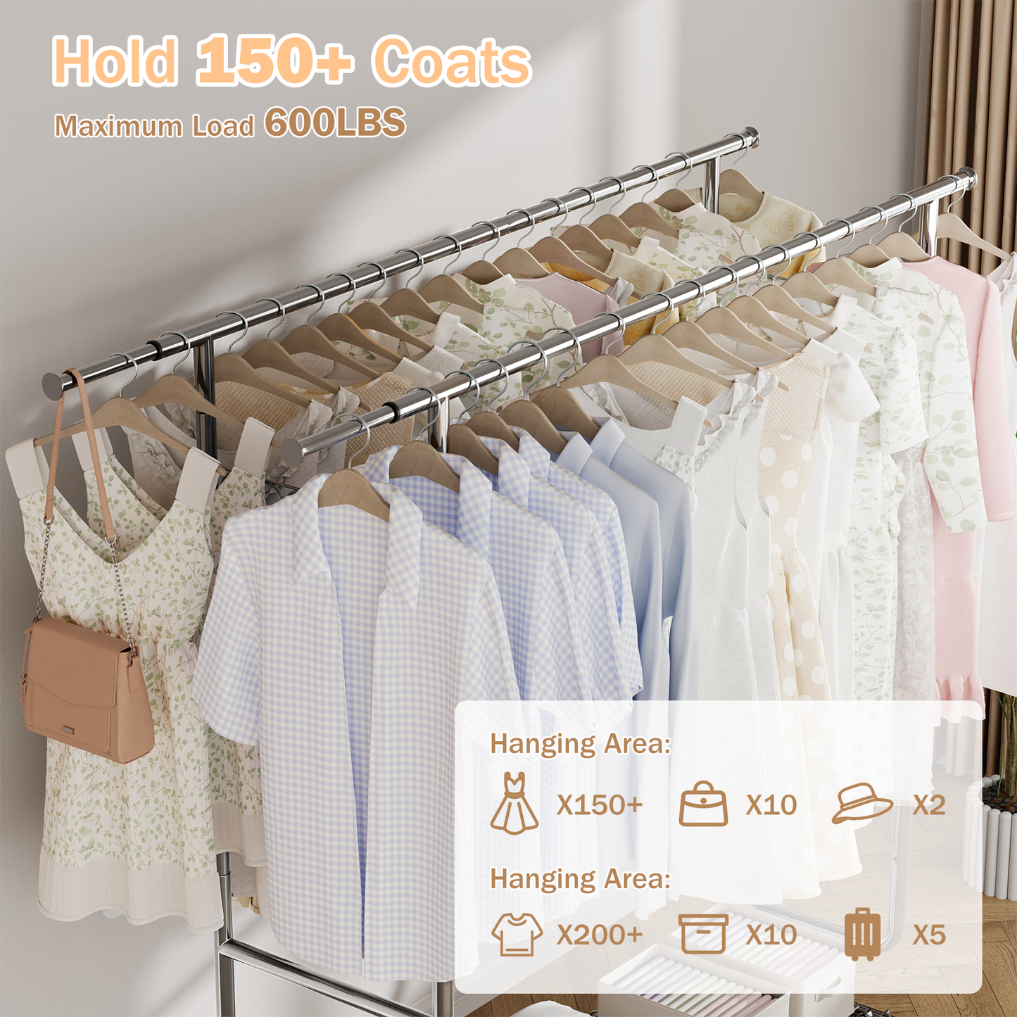 JOZ 600 lbs Commercial Grade Heavy Duty Garment Rack with Shelves, Collapsible Clothing Rack on Wheels, Portable and Adjustable, Chrome Finish