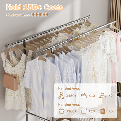 JOZ 600 lbs Commercial Grade Heavy Duty Garment Rack with Shelves, Collapsible Clothing Rack on Wheels, Portable and Adjustable, Chrome Finish