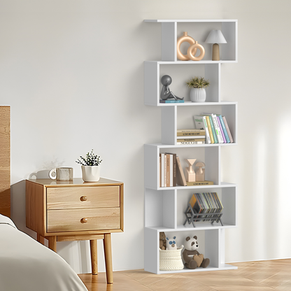 JOZ Geometric Bookcase Wooden Wood S Shape Storage Display Unit Bookcase Bookshelf 6-Tier Storage, 75" H x 27.6" W, White