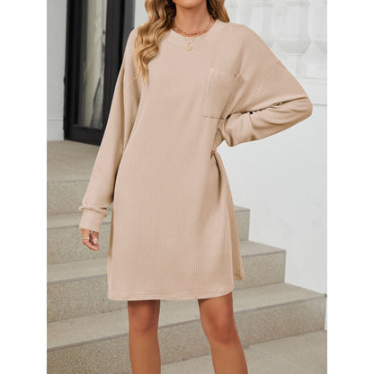 SHIBEVER Women Shift Dress Long Sleeve Crewneck Shirt Dress Dressy Solid Color Elegant Stripe Dresses for Women with Pocket Size L