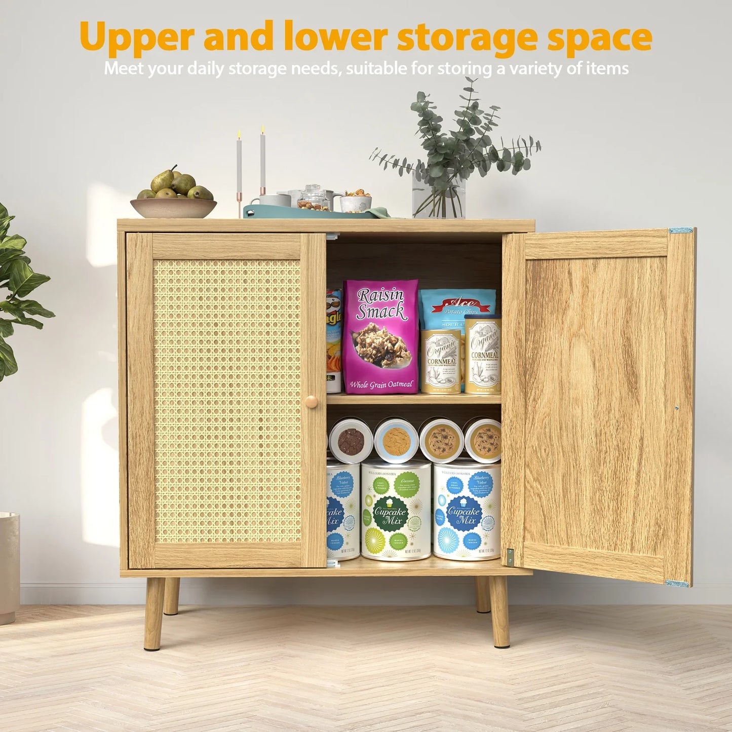 JOZ Wooden Sideboard Buffet Cabinet with Storage, Rattan Door and Solid Wooden Feet, for Kitchen, Hallway, Entry and Living Room, Natural