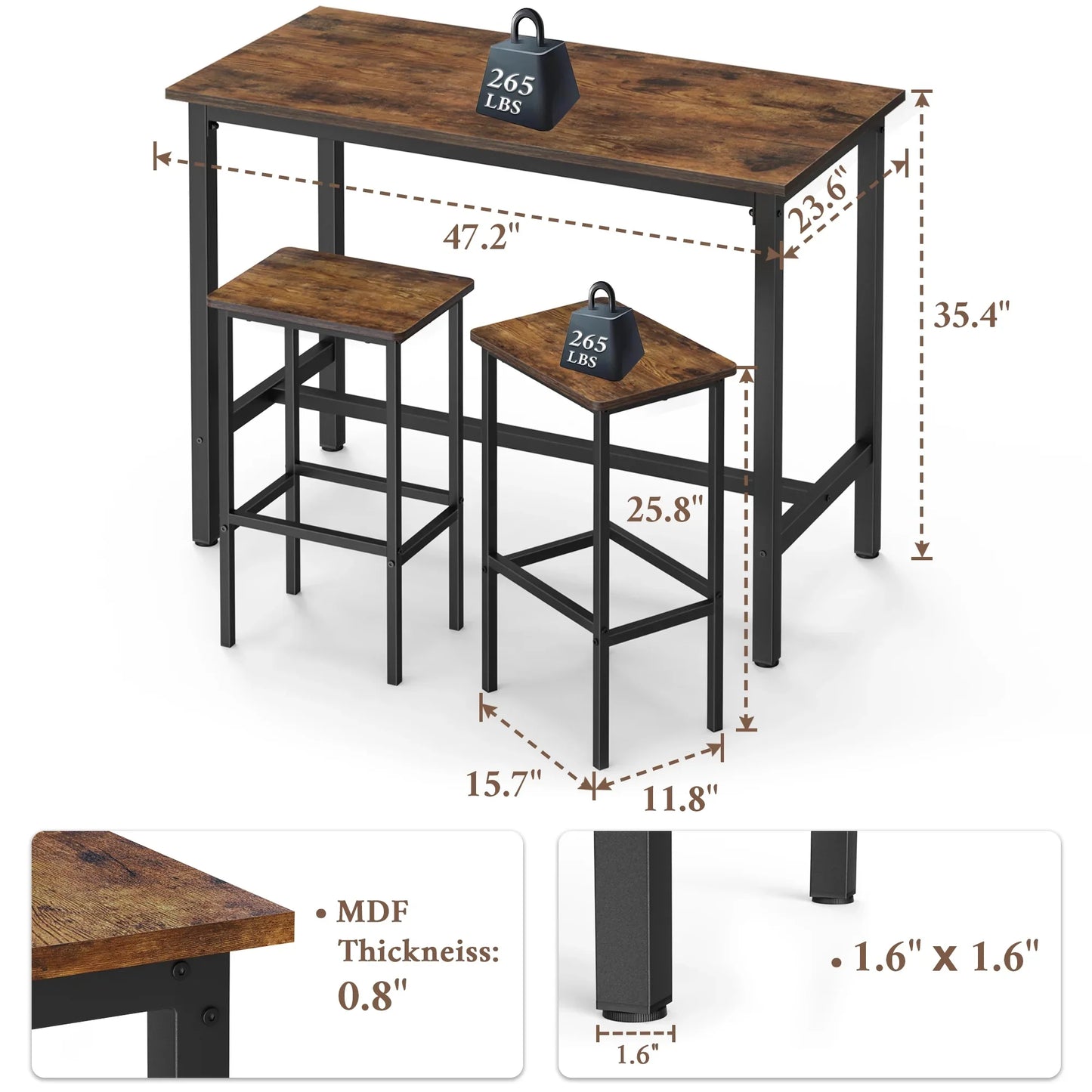 JOZ 3-Piece Kitchen Height Dining Table Set, Bar Table with 2 Stools, Rustic Brown and Black