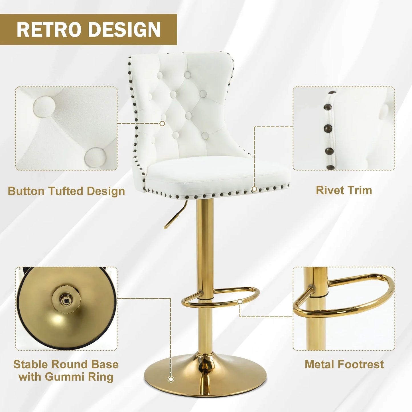 Homhum 360° Swivel Bar Stools Set of 2, Button Tufted Island Stools, Adjustable Seat Height, Beige & Gold