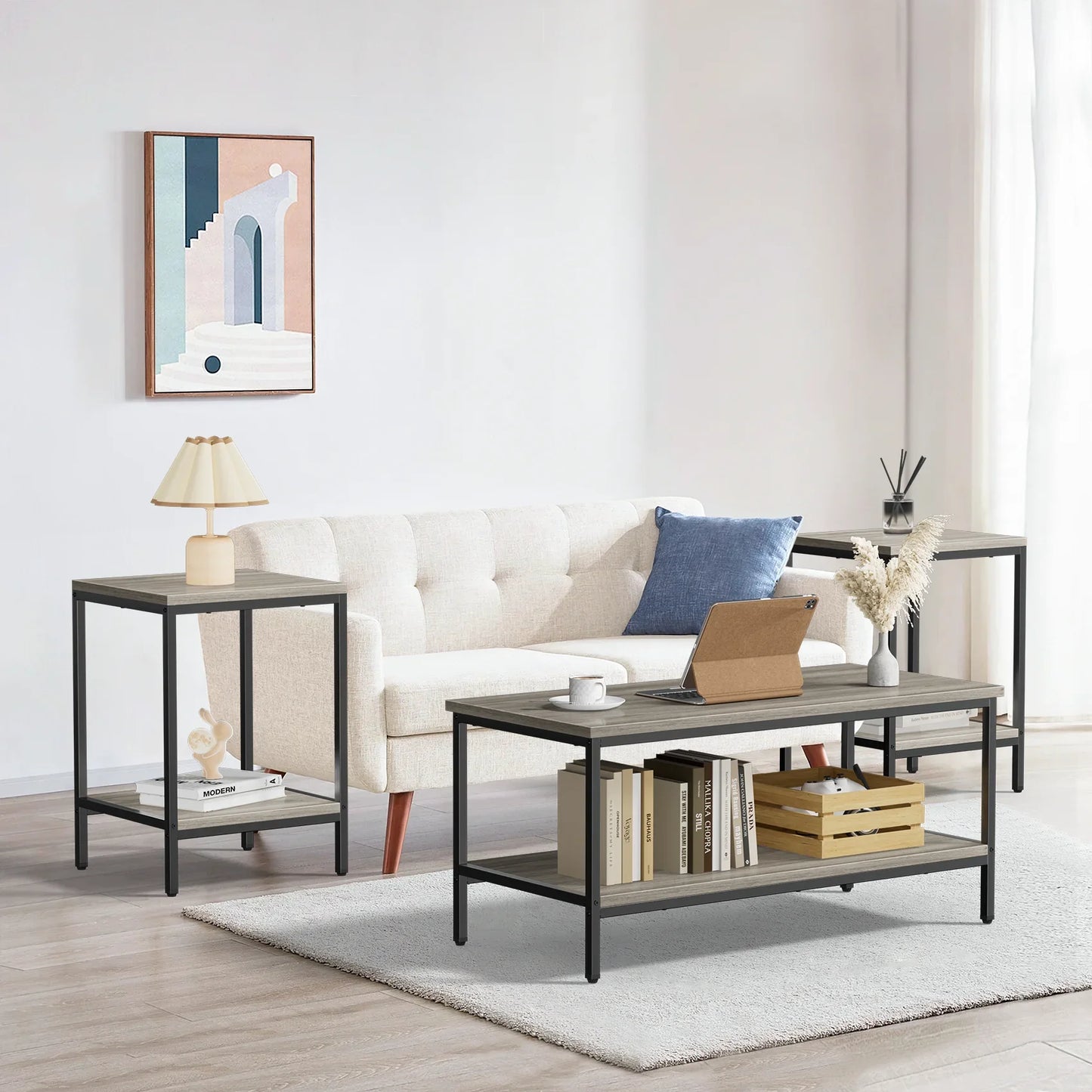 JOZ 3-Piece Coffee and End Table Set: Rustic Rock Gray Elegance with Sturdy Metal Frames