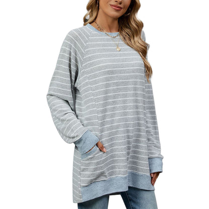 SHIBEVER Womens long sleeve tops Stripe plus size sweater pullover Shirts Casual Oversized Blouse Tunic with Pocket