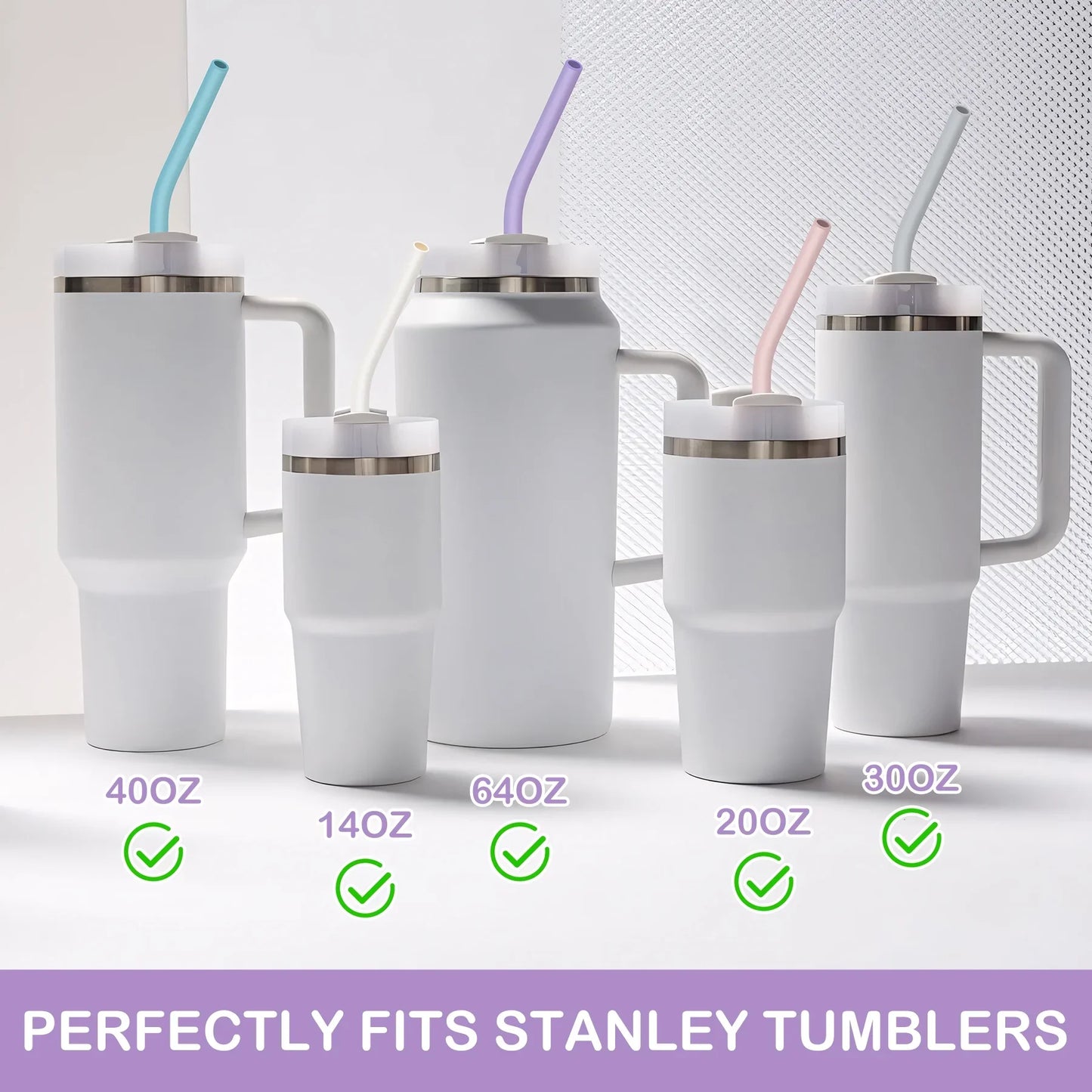 NiHome 14PCS Silicone Straws for Stanley 40oz 30oz Tumbler, 14" Extra Long Reusable Drinking Straw,Straws Flexible Can Cut Length for 1/Half Gallon 64OZ Large Water Bottle-2 Cleaning Brushes(Macaron)