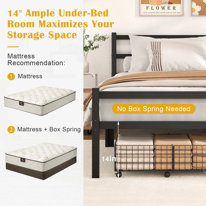 JOZ Heavy Duty Queen Size Metal Platform Bed Frame with Headboard and Footboard 14" High Under Bed Storage Space, No Box Spring Needed, Black