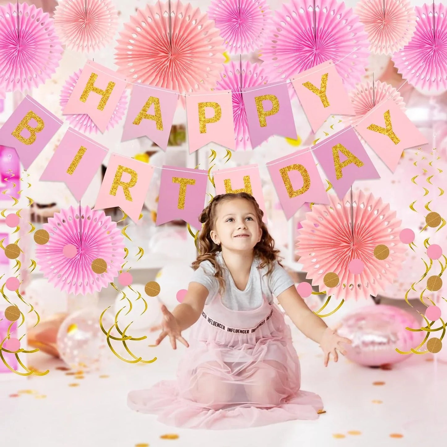 Pink Gold Birthday Decorations, Happy Birthday Banner with Hanging Honeycomb Paper Fans Circle Garland Swirl Streamers for Girls Women Party Supplies