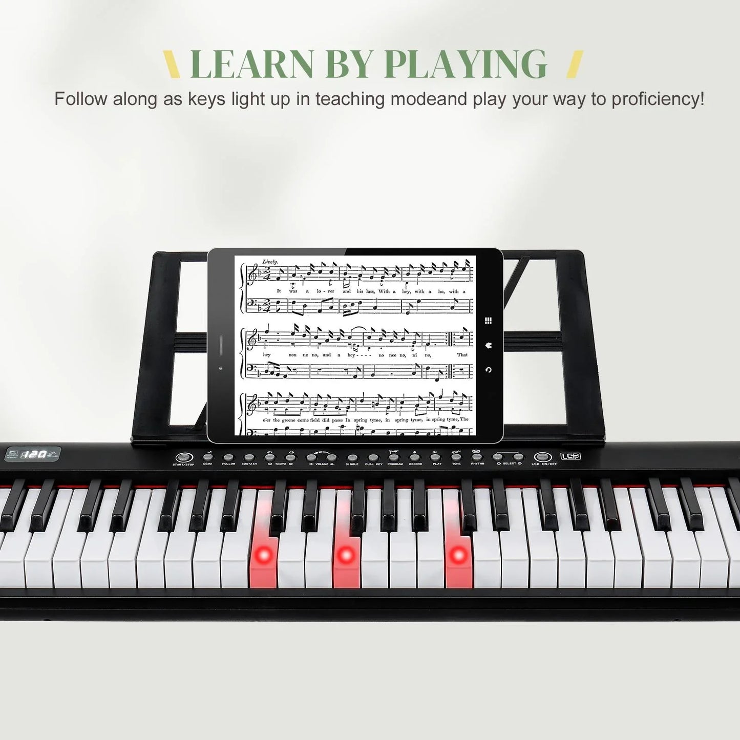 Glarry 61 Key Lighting Keyboard with Piano Stand, Piano Bench, Built In Speakers for Beginners