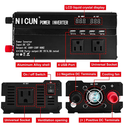 6000W Car Power Inverter DC 12V To 110V AC Pure Sine Wave Solar Converter LCD