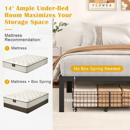 JOZ Queen Size Metal Platform Bed Frame with 14" Under Bed Storage, No Box Spring Needed, Black