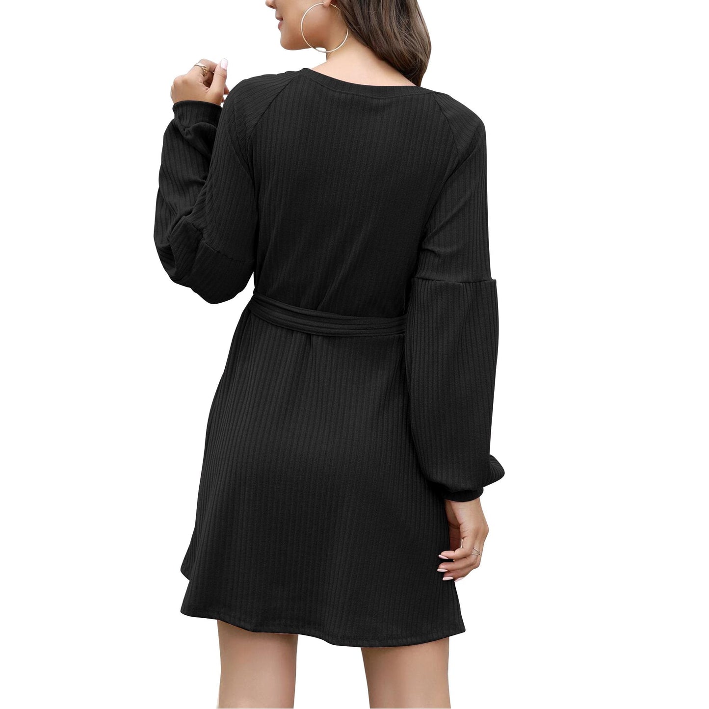 SHIBEVER Women Long Sleeve Fall Dresses 2024 Crewneck Tie Waist A-Line Swing Casual Ribbed Knit Cute Short skirt Black L