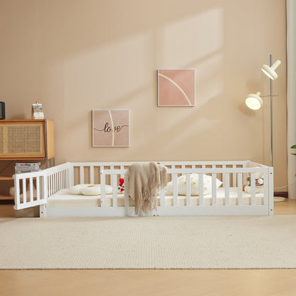 Zimtown Montessori Floor Bed Frame, Full Size Kids Toddler Bed with Fence and Door, Wooden Platform Bed, White