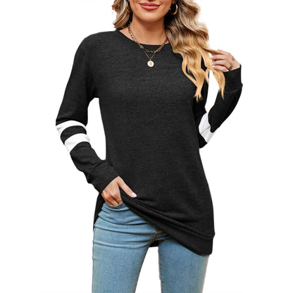 SHIBEVER Fall Fashion V-Neck Stripe Tunics Tops Blouses For Women Workout Long Sleeve Solid T-Shirts Black