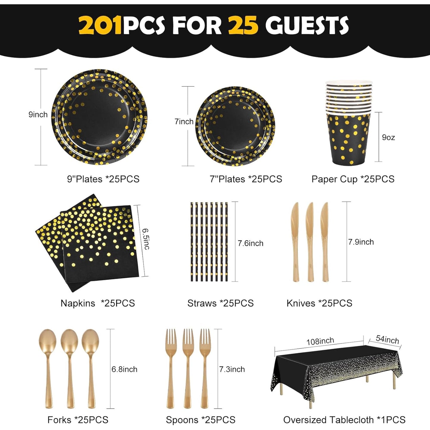 201Pcs Black and Gold Party Supplies, Dots Dinnerware Set for 25 Guests, Paper Plates Napkins Straws Plastic Tablecloth Forks Knives Spoons for Birthday Wedding Christmas Cocktail Party Baby Shower