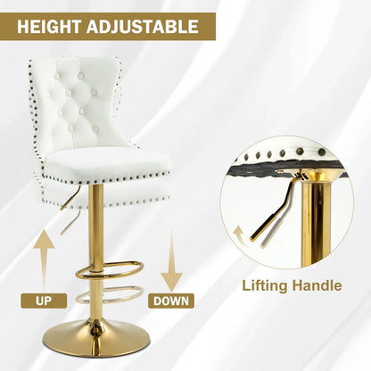 Homhum 360° Swivel Bar Stools Set of 2, Button Tufted Island Stools, Adjustable Seat Height, Beige & Gold