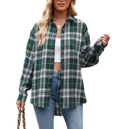 SHIBEVER Womens Blouse Long Sleeve Oversized Flannel Plaid Soft Button Down fashion Shirt Roll Up Plaid tops