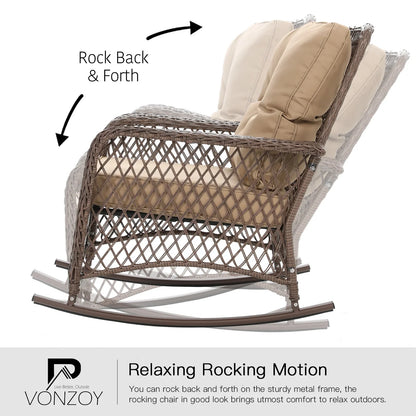 ELPOSUN 3-Piece Outdoor Rocking Chairs, Wicker Patio Furniture with Thickened Cushions and Table for Porch