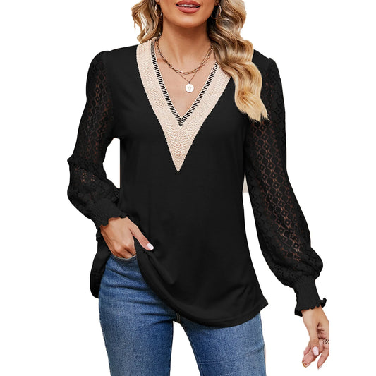 SHIBEVER Women T Shirts Casual Long Sleeves Blouses Fall Tunic Lace Tops V Neck Hollow Loose Shirts for Women Size XL