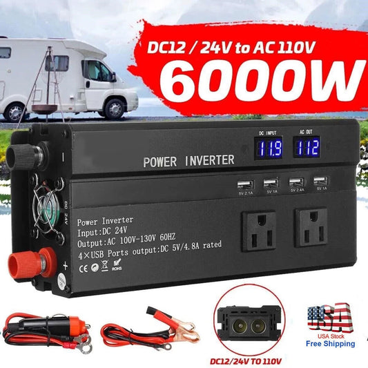 6000W Car Power Inverter DC 12V To 110V AC Pure Sine Wave Solar Converter LCD