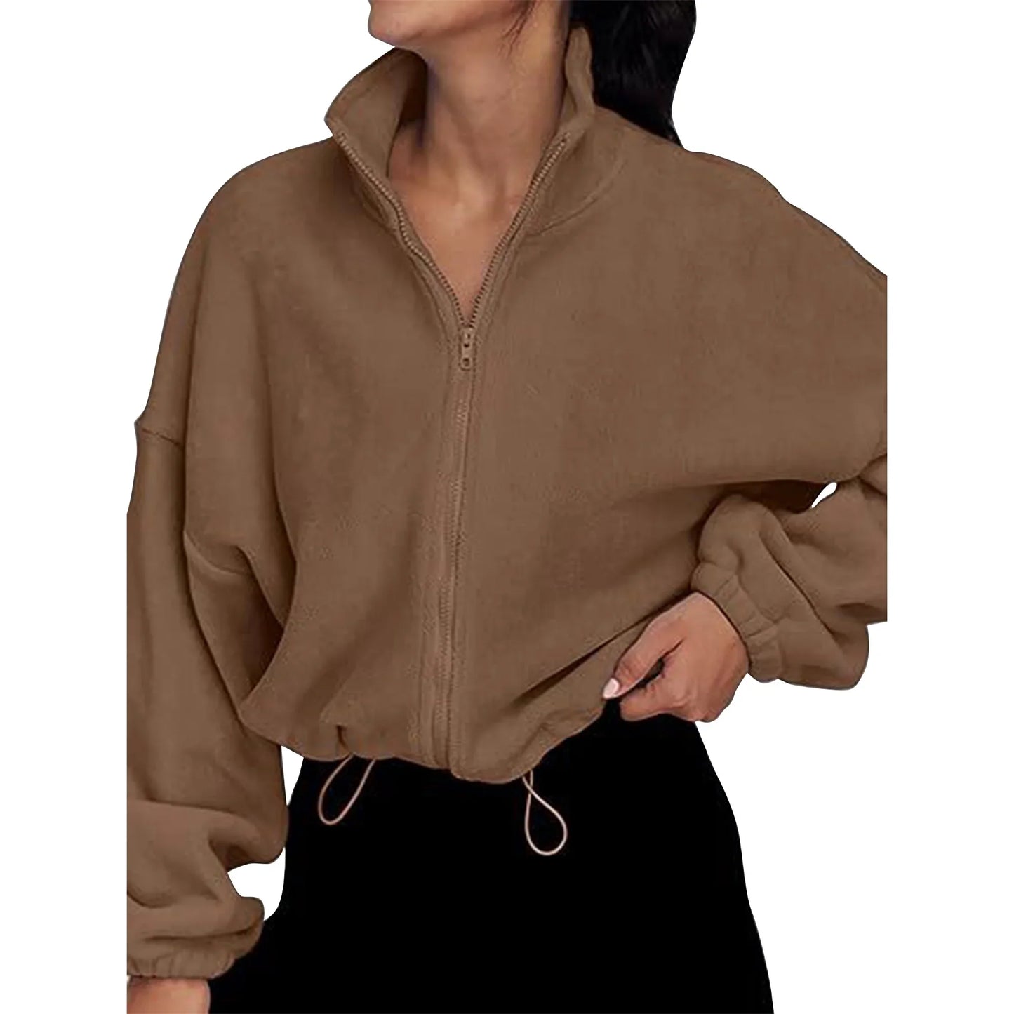 SHIBEVER Women Hoodies Casual Long Sleeves Pullover Fall Trendy Fit Zip Soild Brown Loose Hooded Tops for Women Size L