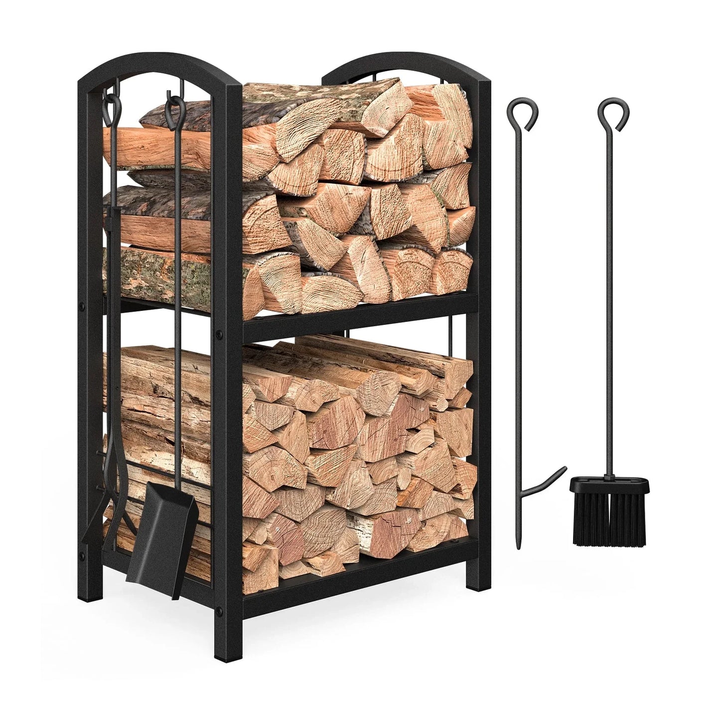 JOZ Firewood Rack with Fireplace Tools Set, Fireplace Tool Rack for Indoor Outdoor Fire Log Holder Wrought Iron Large Wood Stove with Firepit Tools, Brush, Shovel, Poker, Tongs, Black