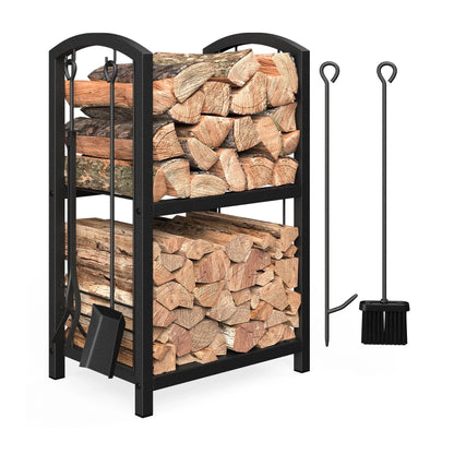 JOZ Firewood Rack with Fireplace Tools Set, Fireplace Tool Rack for Indoor Outdoor Fire Log Holder Wrought Iron Large Wood Stove with Firepit Tools, Brush, Shovel, Poker, Tongs, Black