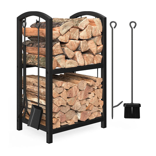 JOZ Firewood Rack with Fireplace Tools Set, Fireplace Tool Rack for Indoor Outdoor Fire Log Holder Wrought Iron Large Wood Stove with Firepit Tools, Brush, Shovel, Poker, Tongs, Black