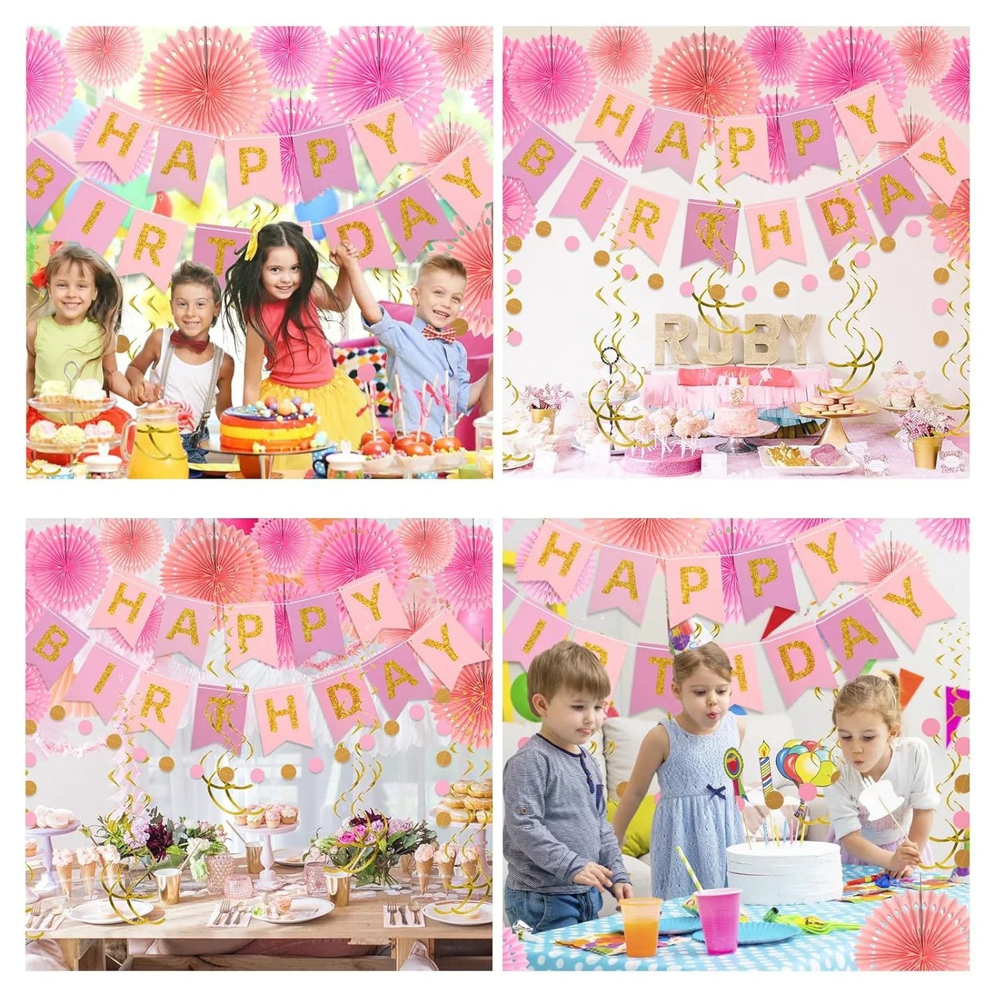 Pink Gold Birthday Decorations, Happy Birthday Banner with Hanging Honeycomb Paper Fans Circle Garland Swirl Streamers for Girls Women Party Supplies