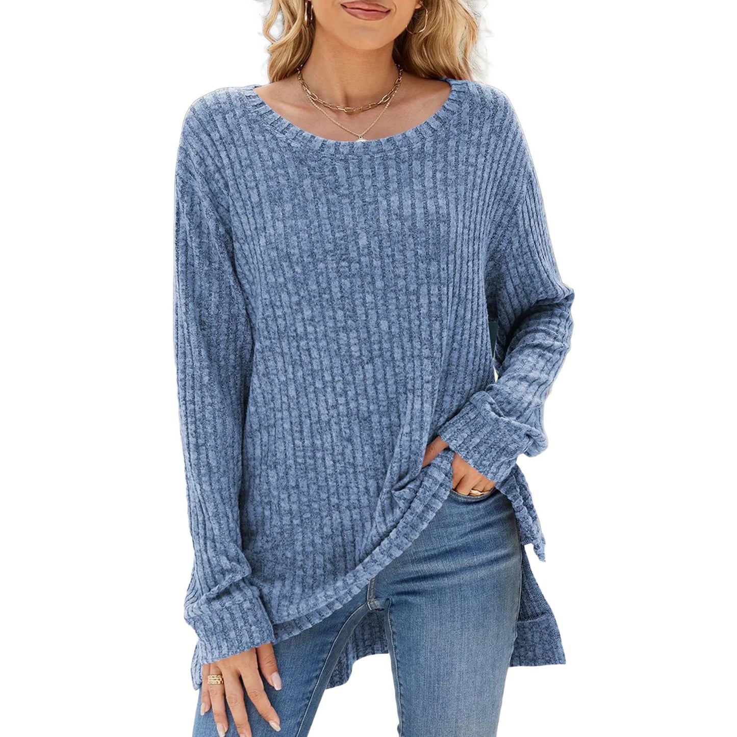 Womens Sweaters Tops Fall Fashion Long Sleeve Tunic Lightweight Sweaters for Women Tops Dressy Casual Blue Pullover Blouse Size XL