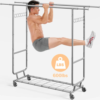 JOZ 600 lbs Commercial Grade Heavy Duty Garment Rack with Shelves, Collapsible Clothing Rack on Wheels, Portable and Adjustable, Chrome Finish