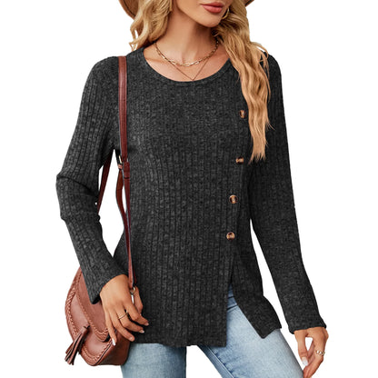 SHIBEVER Tops for Women Casual Long Sleeve Blouses Fall Knit Tunic Tops Round Neck Loose Side Split Sweater with Side Button Size L