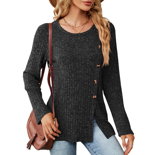 SHIBEVER Tops for Women Casual Long Sleeve Blouses Fall Knit Tunic Tops Round Neck Loose Side Split Sweater with Side Button Size L
