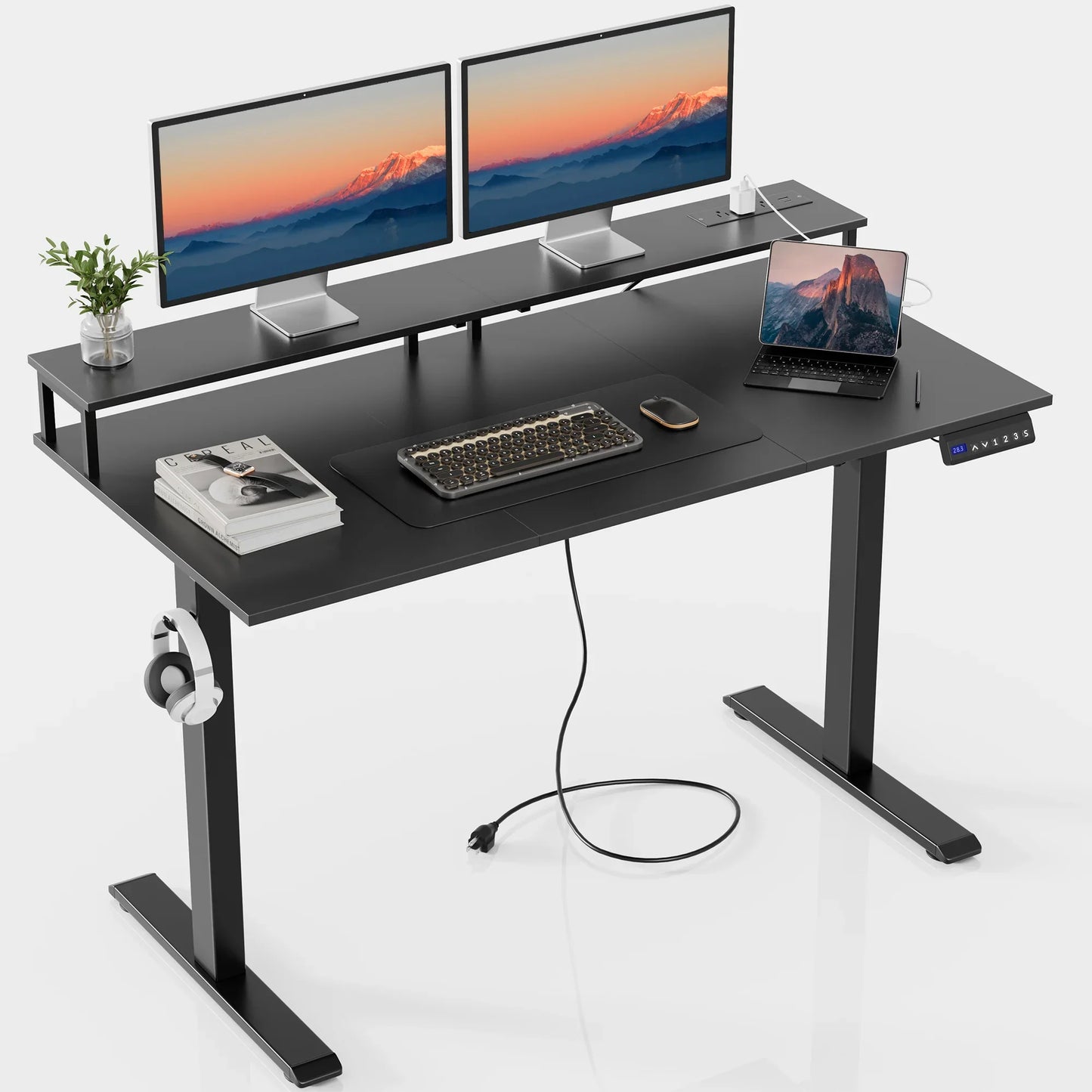 JOZ Electric Height Adjustable Standing Desk, 48 x 24 inches Sit-Stand Desk with Memory Preset and T-Shaped Metal Bracket - Black