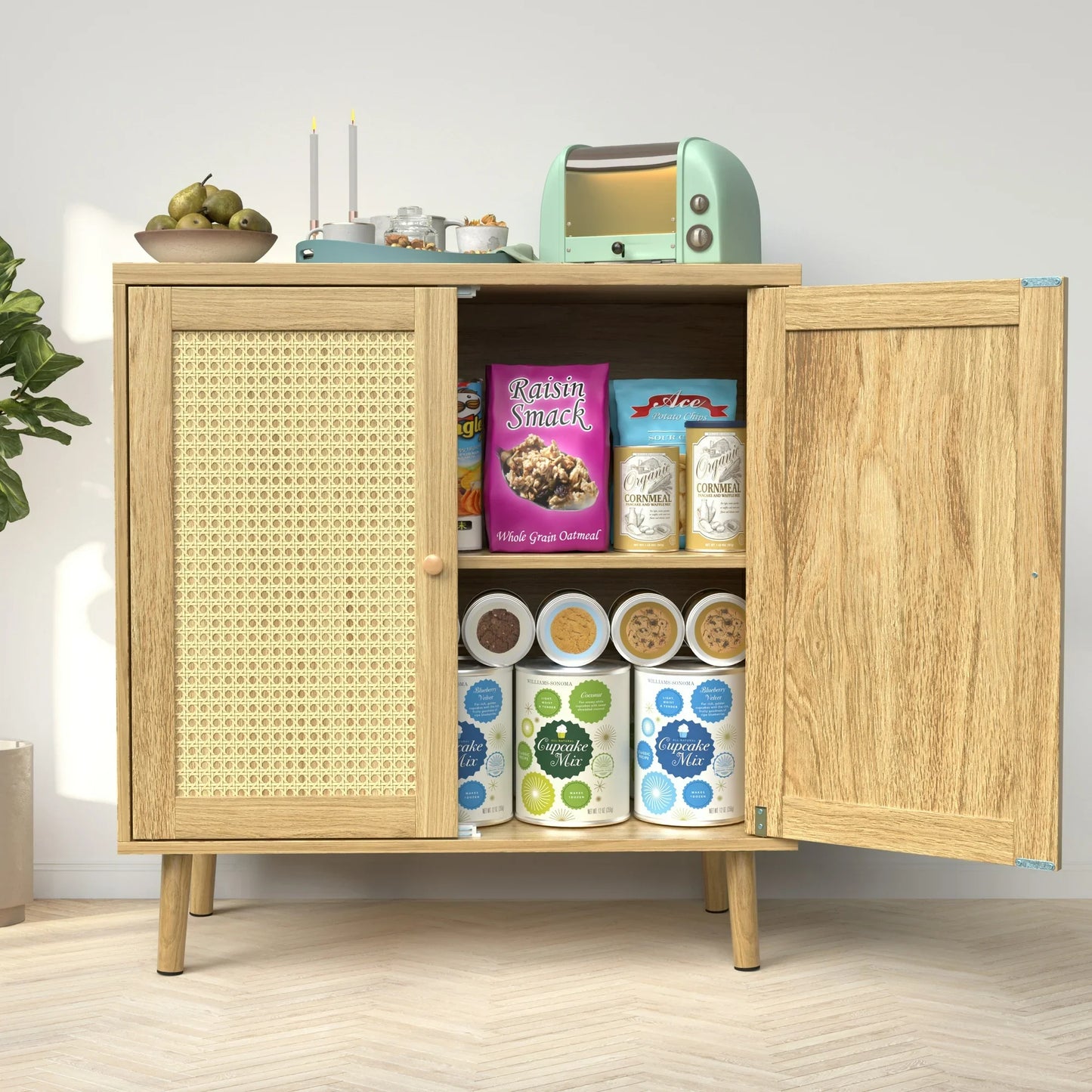 JOZ Wooden Sideboard Buffet Cabinet with Storage, Rattan Door and Solid Wooden Feet, for Kitchen, Hallway, Entry and Living Room, Natural