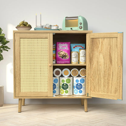 JOZ Wooden Sideboard Buffet Cabinet with Storage, Rattan Door and Solid Wooden Feet, for Kitchen, Hallway, Entry and Living Room, Natural