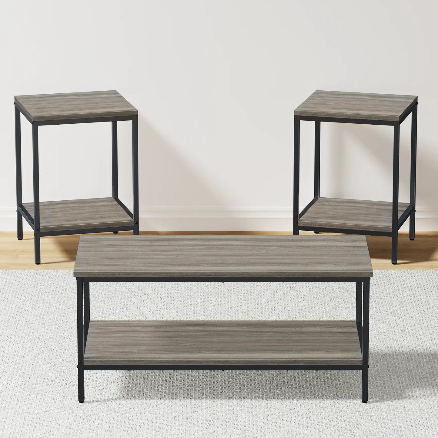 JOZ 3-Piece Coffee and End Table Set: Rustic Rock Gray Elegance with Sturdy Metal Frames