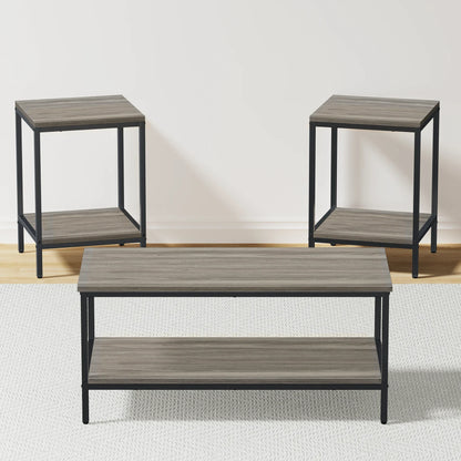 JOZ 3-Piece Coffee and End Table Set: Rustic Rock Gray Elegance with Sturdy Metal Frames