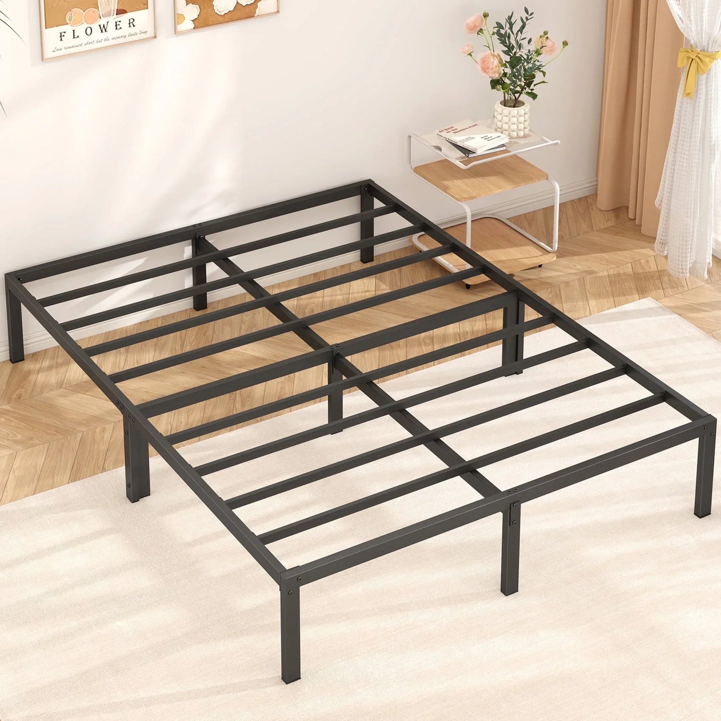 JOZ Queen Size Metal Platform Bed Frame with 14" Under Bed Storage, No Box Spring Needed, Black