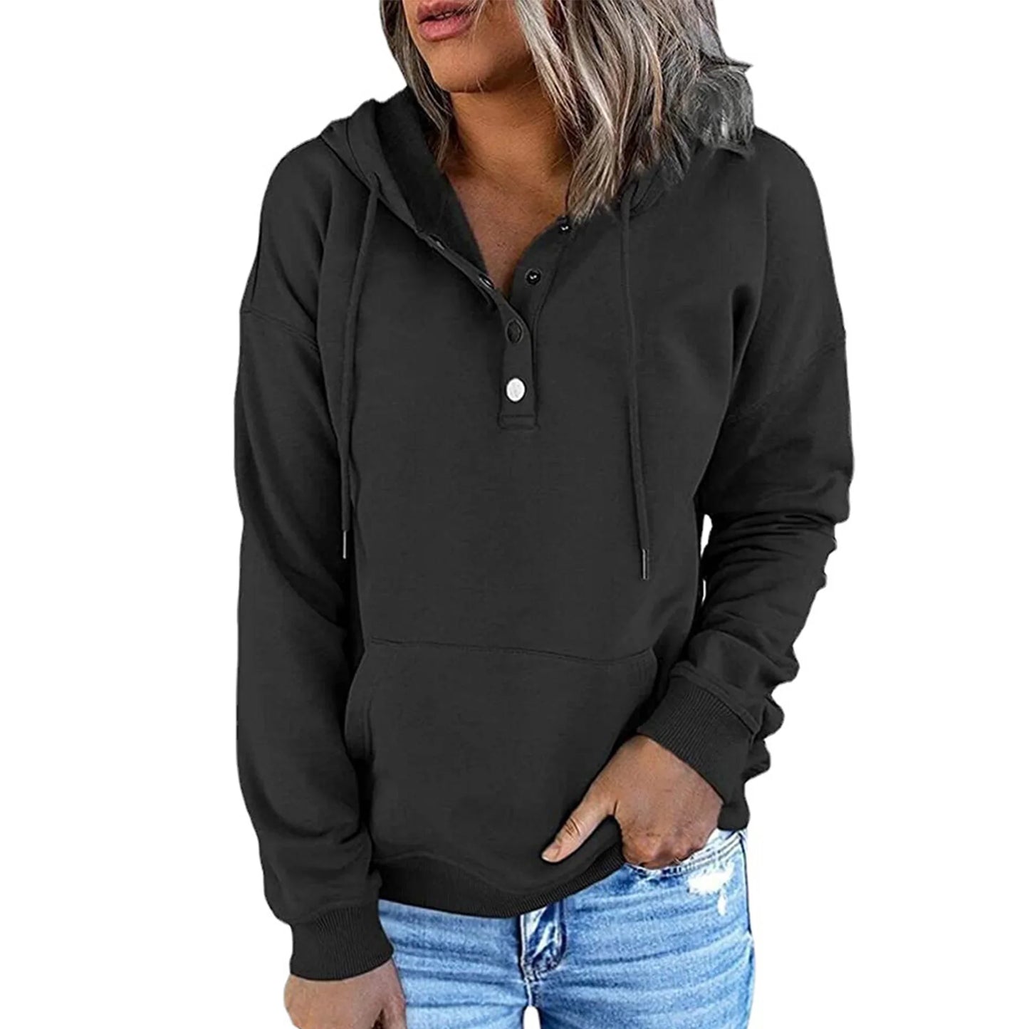 SHIBEVER Women Hoodie Casual Long Sleeves Tops Fashion Hooded Sweatshirt Soild Black Loose Hoodies for Women Clothes with Pocket Size XL